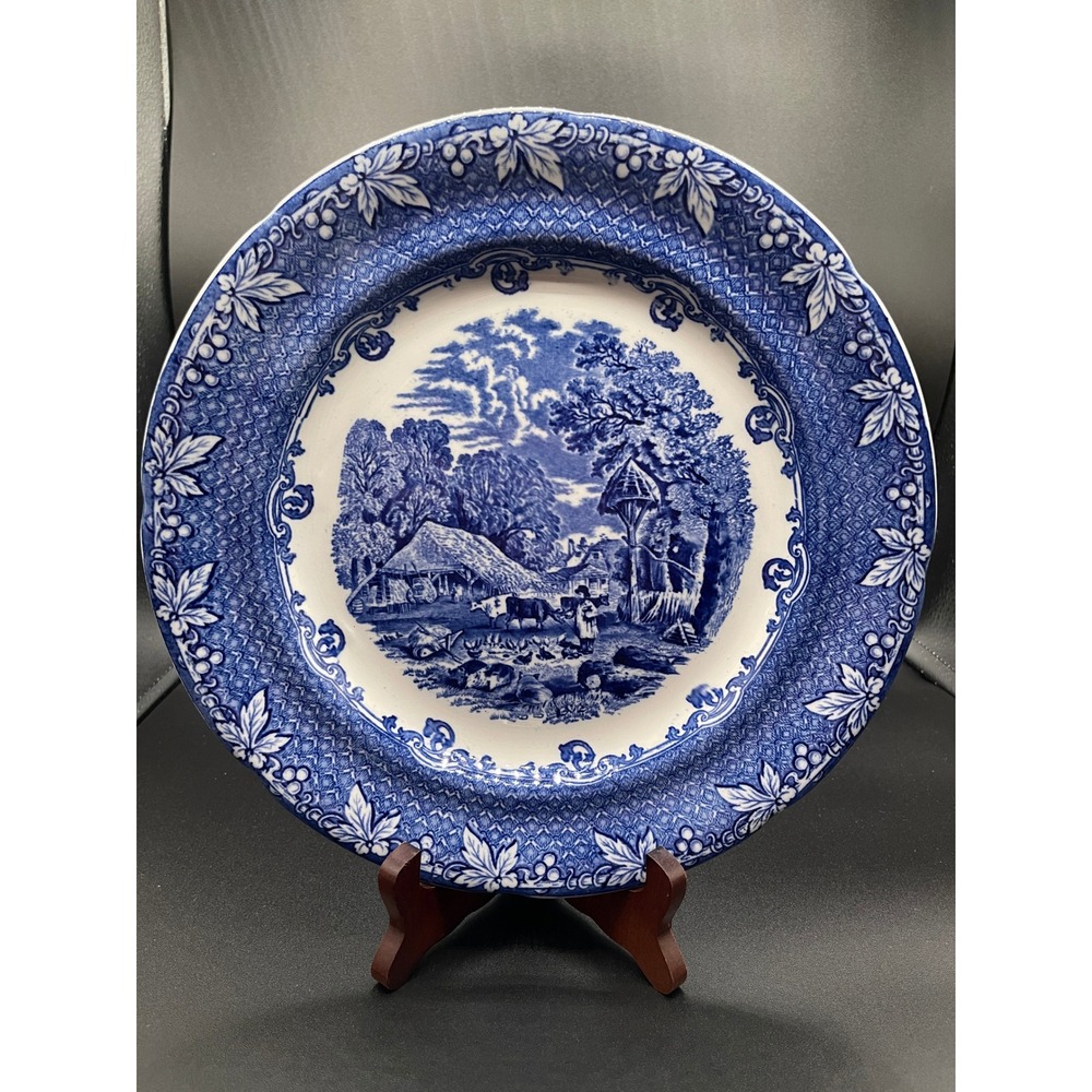 2 Vintage WH Grindley Farm Blue White Transferware Plate 10 In England Ironstone